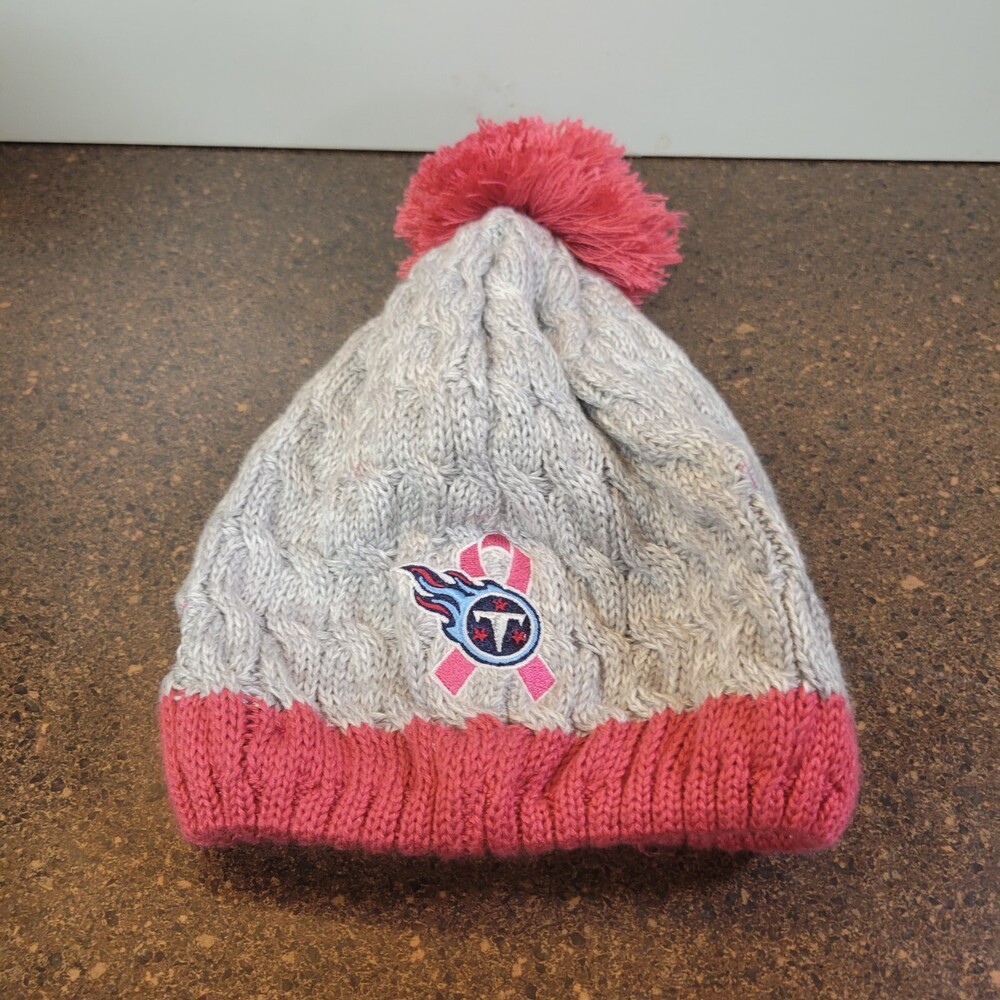 NFL Tennessee Titans Beanie Hat Womens OS Beige Pink Knitted New Era PomPom Cap